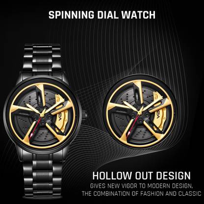 Brand card captioned spinning dial watch, hollow out design, showing the dial from two angles