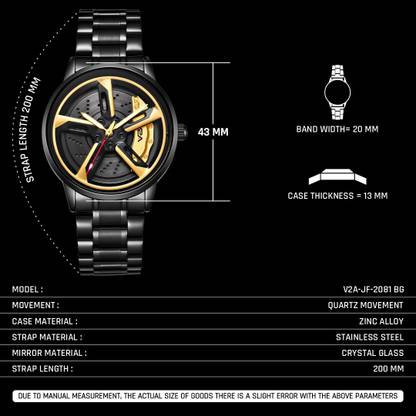 Brand parameter card: 43 mm case, 13 mm thickness, 20 mm band, 200 mm strap, zinc alloy case, crystal glass