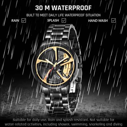 Brand card: 30 m waterproof — rain, splash and hand wash, but not shower, swimming or diving