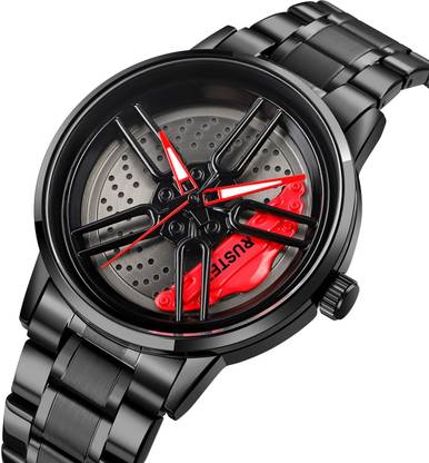 Angled view showing the domed glass, the wheel-spoke dial and the crown