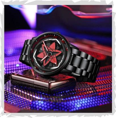 The watch photographed against neon lighting, showing the domed glass over the star dial