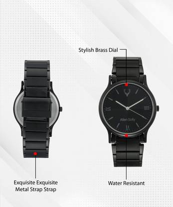 Front and back of the watch, labelled: stylish brass dial, exquisite metal strap, water resistant