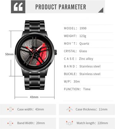 Brand parameter card: 43 mm case width, 11 mm thickness, 20 mm band, 220 mm length, 30 m water resistance
