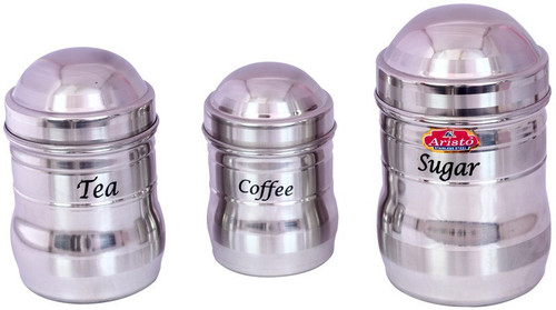 Aristo Houseware 850 ml, 350 ml Steel Tea Coffee Sugar Container Pack of 3, Silver Aristo Houseware Kitchen Containers