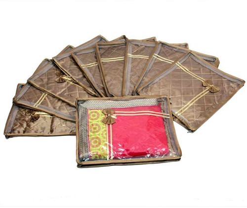 KUBER INDUSTRIES Designer Saree Cover Quilted Satin 10 Pcs Set MKUSC144 Gold KUBER INDUSTRIES Garment Covers