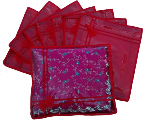 INDI BARGAIN Designer Red set of 8 transparent double saree cover Red INDI BARGAIN Garment Covers