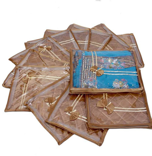 KUBER INDUSTRIES Designer Saree Cover 12 Pcs Combo In Golden Satin MKU0050049 Gold KUBER INDUSTRIES Garment Covers