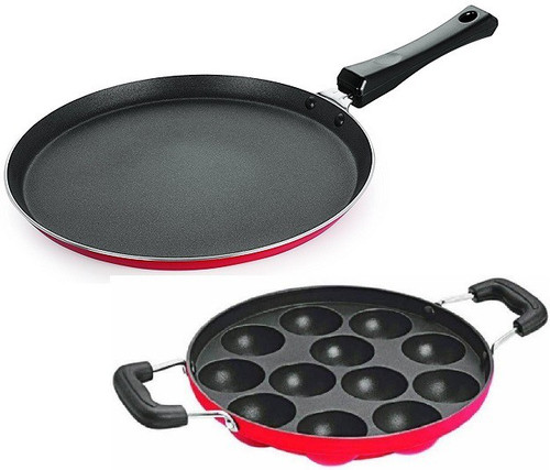 Omic Classic Range Combo Set of Flat Dosa Tawa Appam pan Paniarakkal Set Aluminium, Non stick Omic Pans