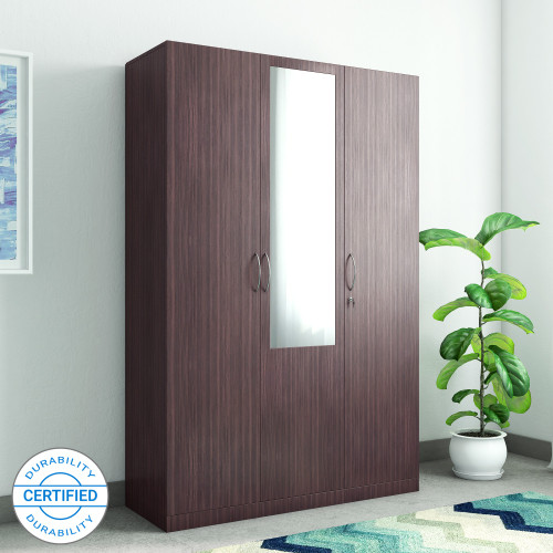 HomeTown Allen Engineered Wood 3 Door Almirah Finish Color Walnut, Mirror Included HomeTown Wardrobes