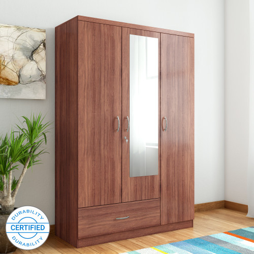 Hometown Ultima 3 With Rwlnt Engineered Wood 3 Door Almirah Finish Color Walnut, Mirror Included Hometown Wardrobes