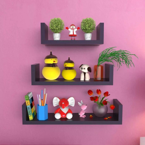 Onlineshoppee U Rack MDF Medium Density Fiber Wall Shelf Number of Shelves 3, Black Onlineshoppee Wall Shelves