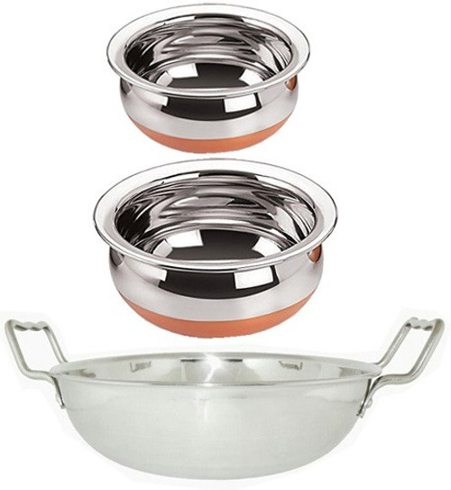 Jalpan Serving Cookware Combo Induction Kadhai 2 Liter with HANDI 2 Pcs. Copper Bottom 750ml, 500ml. “Multipurpose\ Stainless Steel Jalpan