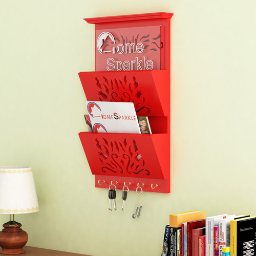 HOME SPARKLE Letter Rack Cum Key Holder MDF Medium Density Fiber Wall Shelf Number of Shelves 1, Red HOME SPARKLE Wall Shelves