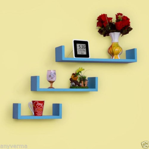 Onlineshoppee AFR715 Wooden Wall Shelf Number of Shelves 3, Blue Onlineshoppee Wall Shelves