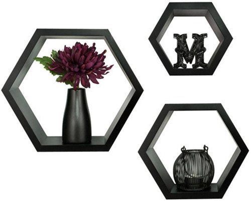 Homey Essense Floating Hexagon Shape MDF Medium Density Fiber Wall Shelf Number of Shelves 3, Black Homey Essense Wall Shelves