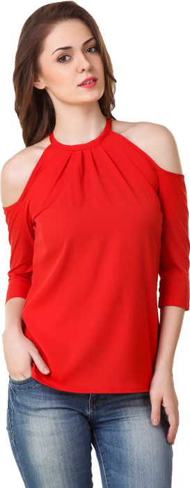 Big Pout Party 3/4 Sleeve Solid Women Red Top Big Pout Women's Tops
