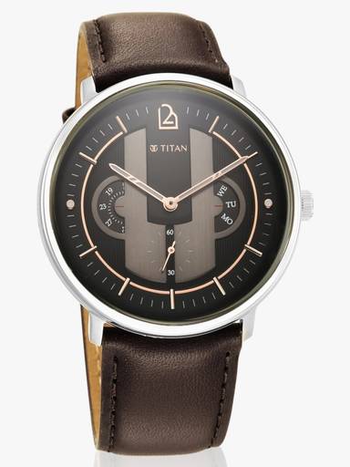 Titan 1882Sl01-Dm749-Titan Quartet Titan Quartet Multifunction Anthracite Dial Brown LeatherStrap Analog Watch  - For Men