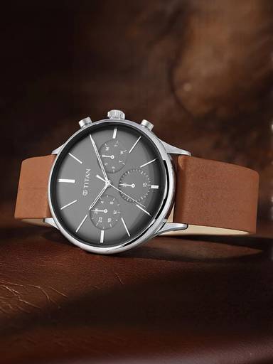 Titan NQ90134SL01 Titan Multifunction Anthracite Dial Brown LeatherStrap Analog Watch  - For Men