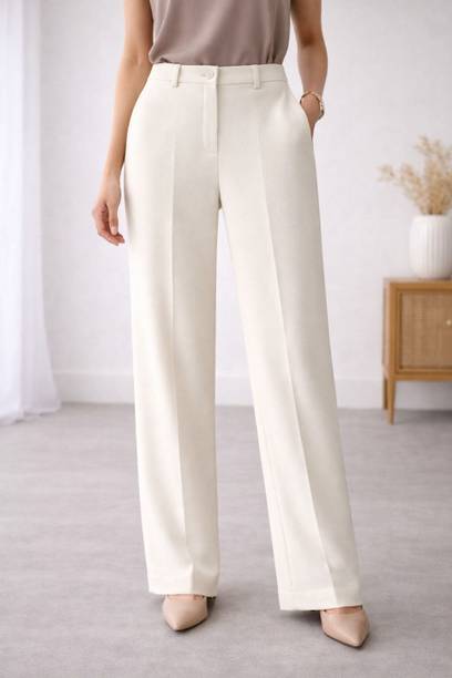 ZEZI Women Loose Fit White Polyester Trousers