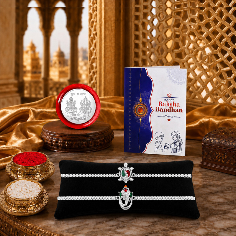 Bracelet Rakhi Combo Gift For Brother |Coin| Roli & Chawal | Greeting Card |K2_A5+A25 Assorted Rakhi, Chawal Roli Pack, Coins, Greeting Card Set by periapt