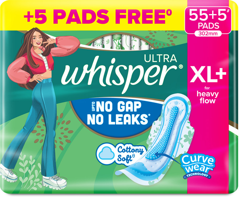 Whisper Ultra Upto No Gap No Leaks* Sanitary Pads, 60 XL+ Pads Sanitary Pad