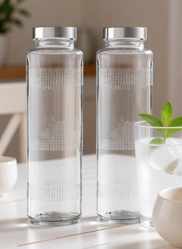 JIGSHTIAL Pack of 2 [2 pc] Glass Water Bottle Drinking Bottles with Steel Lid 750 ml Bottle Glass