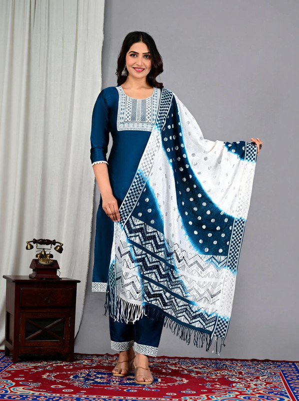 EXPORTHOUSE Embroidered Kurta, Trouser/Pant & Dupatta Set