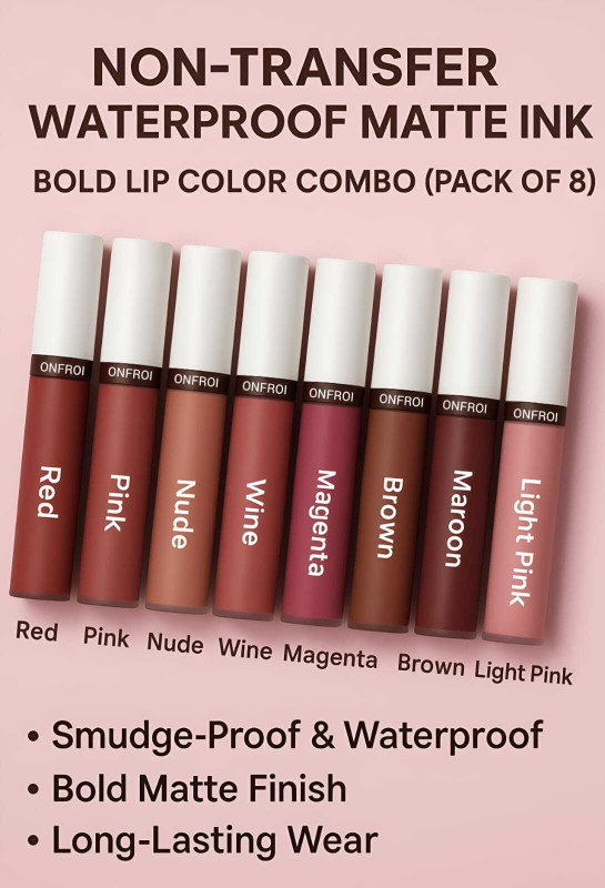 onfroi Non-Transfer Waterproof Matte Ink Liquid Lipstick Combo Pack of 8