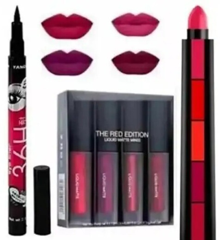 pmark Makeup Combo for Women | 4-in-1 Matte Red Lipstick + 5in1 Lipstick 36H Eyeliner