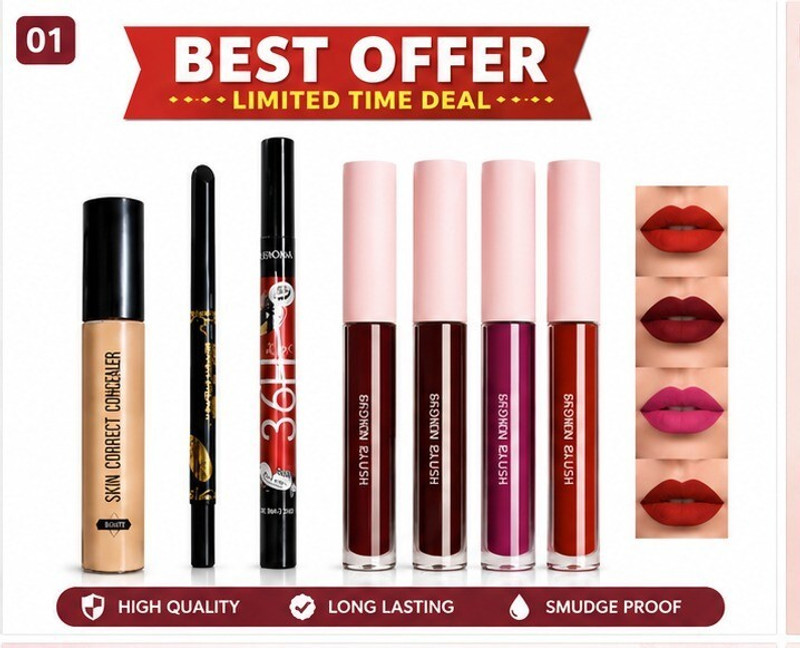cismoline Women's Makeup Combo | Lipstick, Concealer, Eyeliner, Kajal - All-in-One Kit