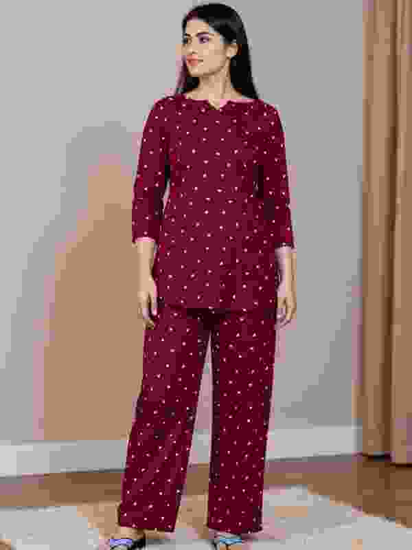 FROEBEL Women Printed Maroon Night Suit Set