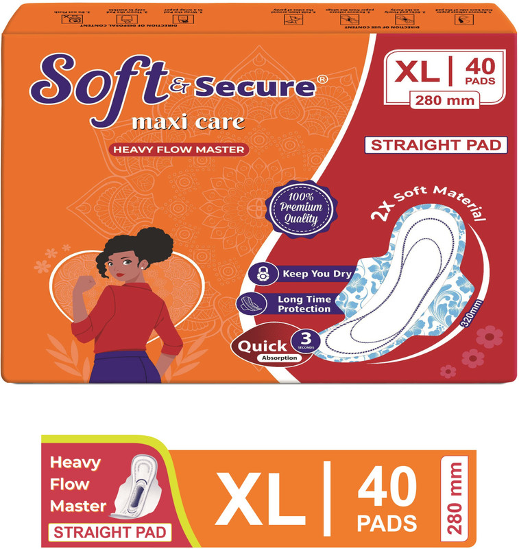 SOFT & SECURE Dry Soft & Rash Free XL Size With 3 Seconds Absorption for Heavy Flow Sanitary Pad