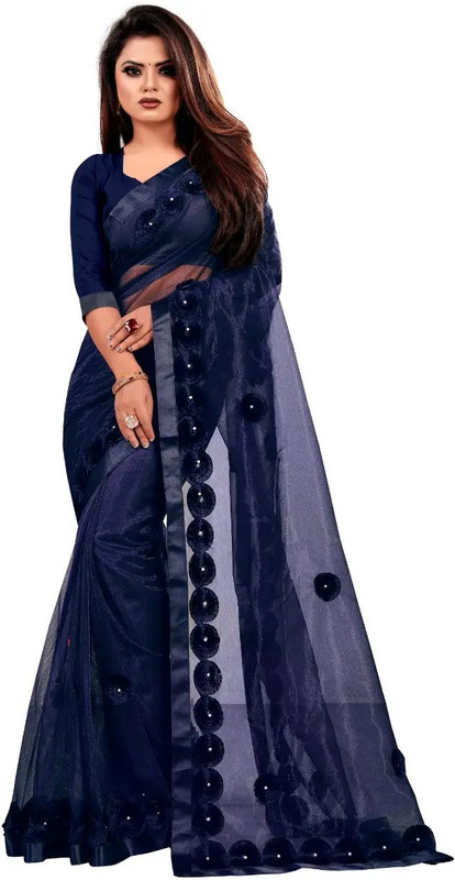 M5STUDIO Floral Print Bollywood Net Saree with Unstitched Blouse