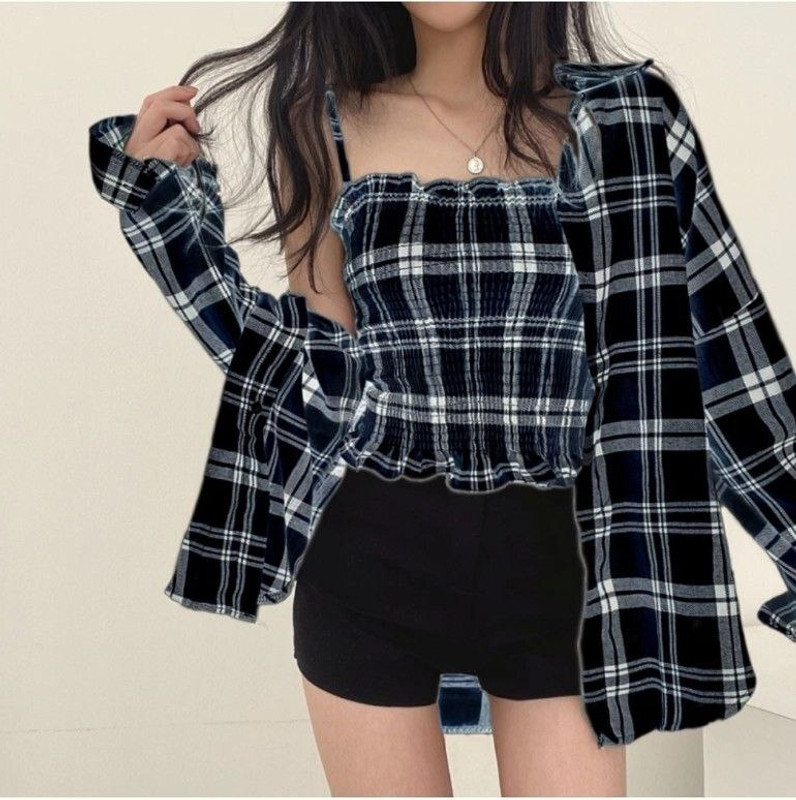 Emmy Word Casual Checkered Women Black Top
