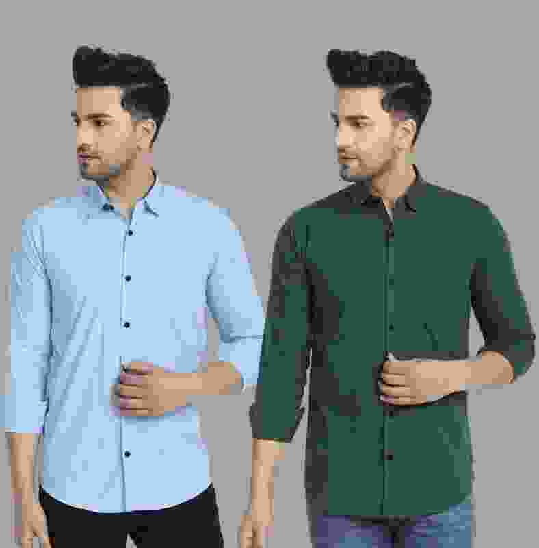 TIGERSNAKE Men Solid Casual Light Blue, Green Shirt
