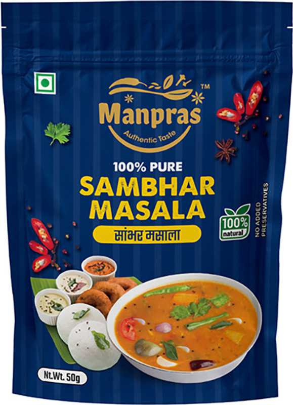 MANPRAS Sambhar Masala 100% Natural, No Preservatives, Standy with Ziplock Packing