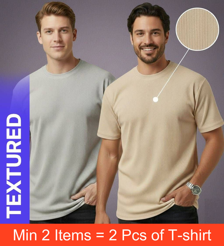 Fashion Globe Textured Men Beige T-Shirt