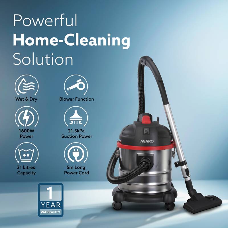 AGARO Ace Wet & Dry Vacuum Cleaner 1600 Watts, 21.5 kPa Suction Power with Dust Bag, 21 litres Tank Capacity, for Home Use, Blower Function, Washable 3L Dust Bag, Stainless Steel Body with Reusable Dust Bag - Photo 2