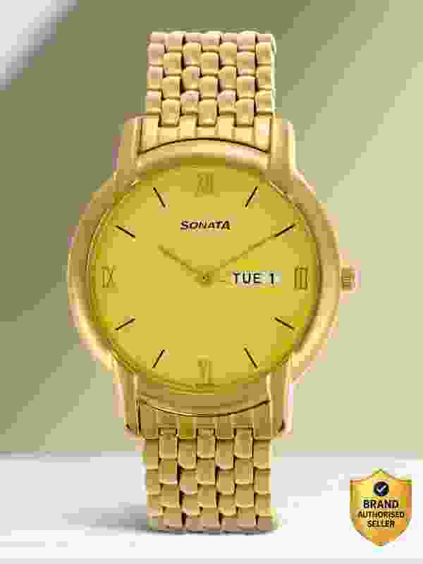SONATA NP7954YM02W with Day & Date Champagne Dial Gold MetalStrap Analog Watch  - For Men