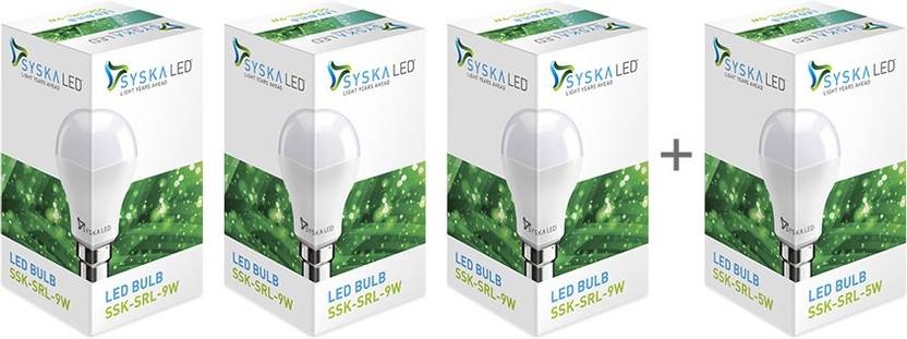 Syska Led Light 9W Pack of 3 With Free 5W LED White, Pack of 3 Syska Led Lights Bulbs