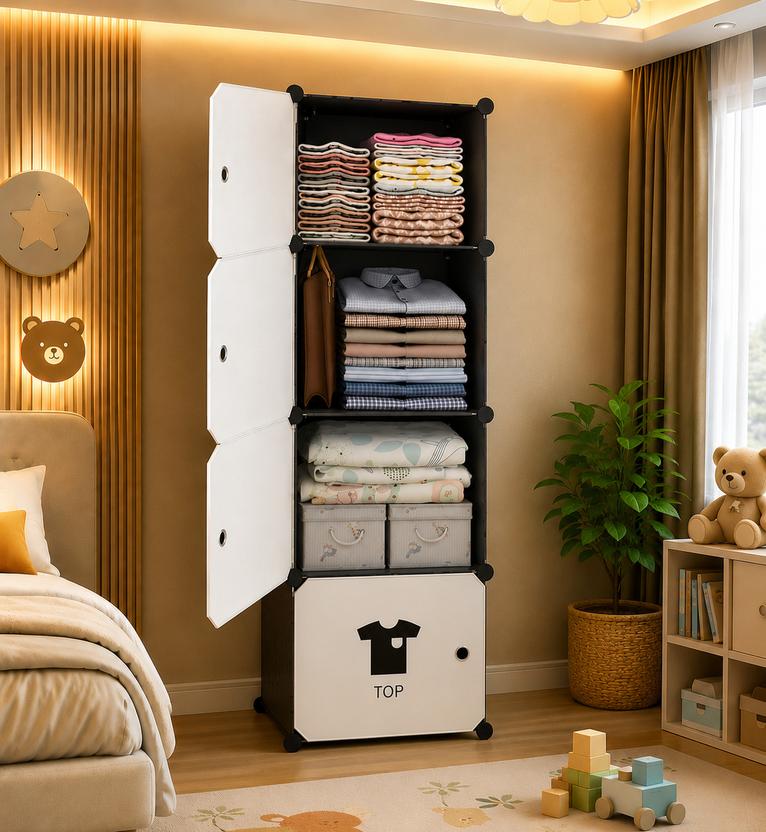 Sasimo 4-Door 4-Shelf Plastic kids Collapsible Cupboard PC Collapsible Wardrobe