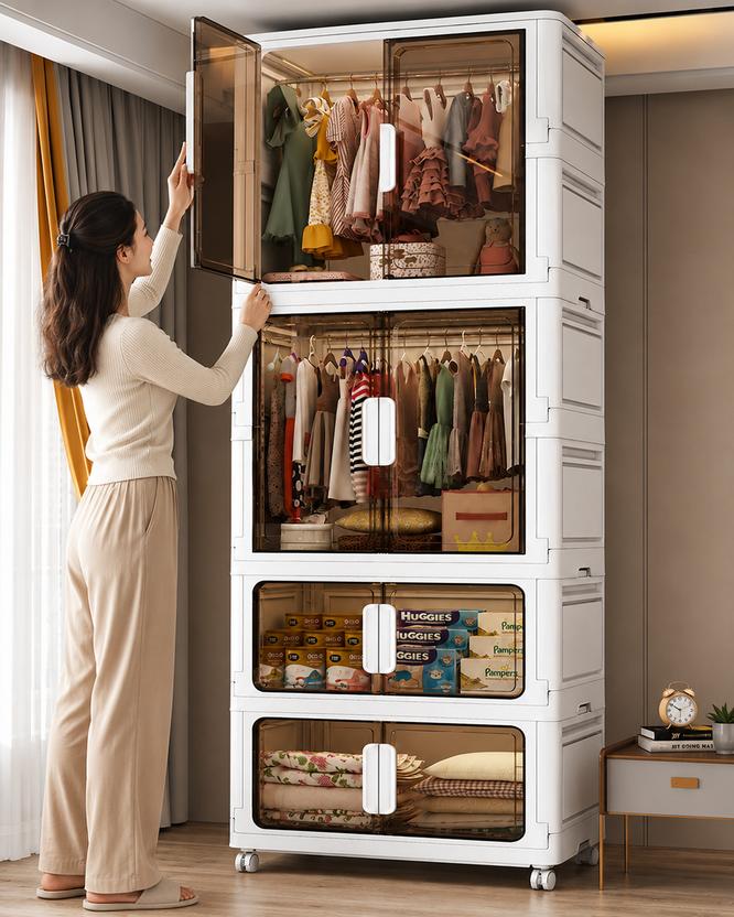 Sasimo 2-Wardrobe 8-Door 4-Shelf Plastic foldable Cupboard PC Collapsible Wardrobe