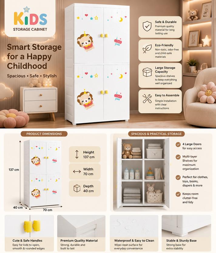 Sasimo 1-Wardrobe 4-Door 2-Shelf Plastic foldable Cupboard PC Collapsible Wardrobe