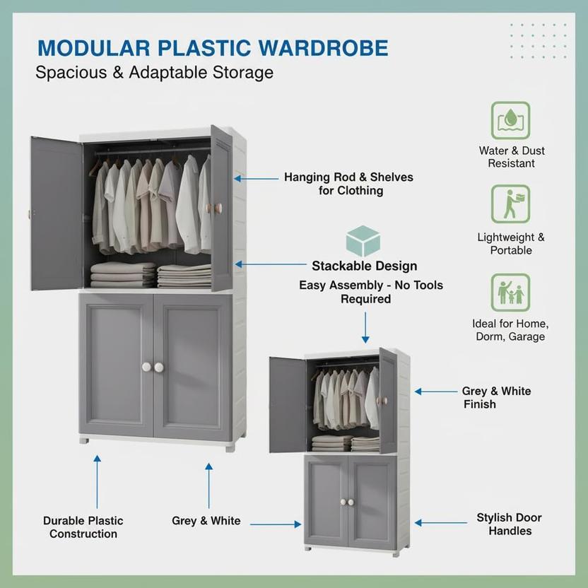 Sasimo 1-Wardrobe 4-Door 2-Shelf Plastic foldable Cupboard PC Collapsible Wardrobe