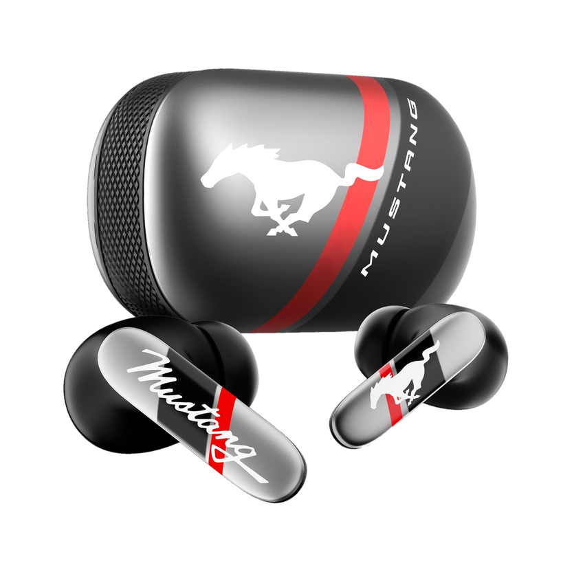 GOBOULT Mustang Dyno true wireless earbuds — grey and black charging case with a knurled edge, red racing stripe and the Mustang pony logo, with both earbuds in front
