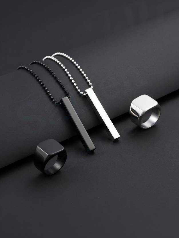 Saizen Silver & Black Minimal Bar Pendant Necklace and Ring Combo Set