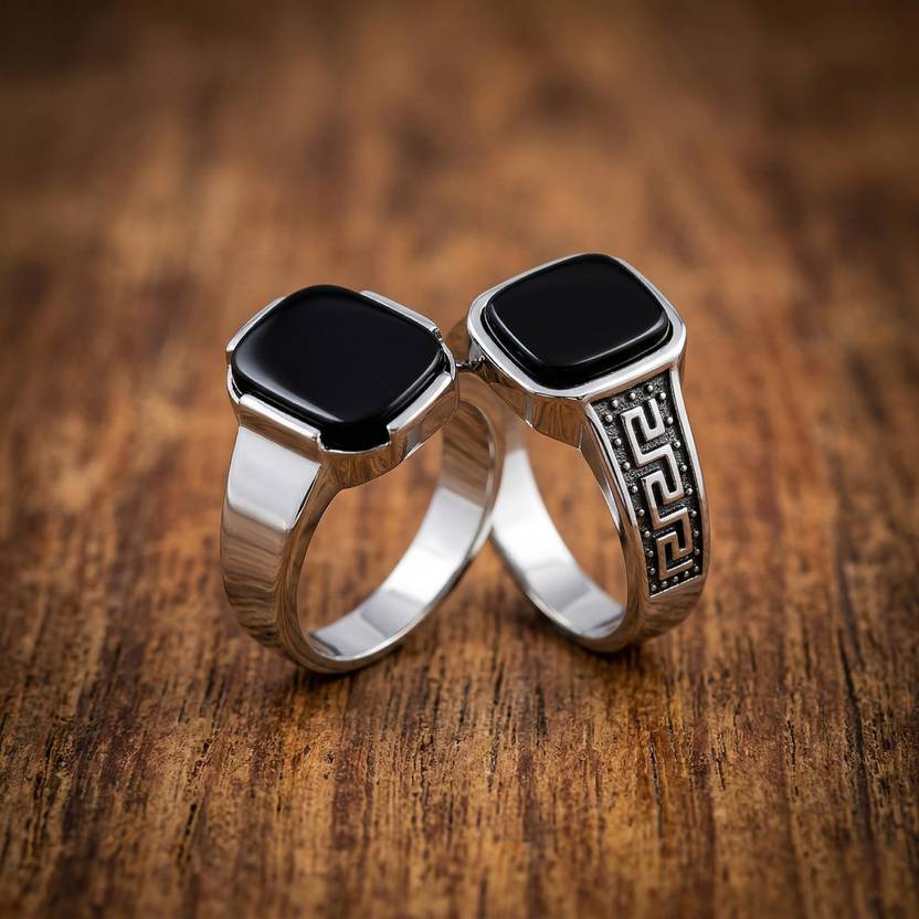 Glamshe Bold Rectangular Black Silver Pack OF 2 Combo Signet Ring (Pack of 2)