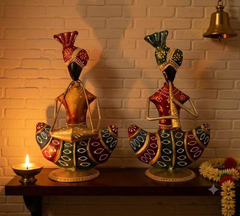 Handicrafy Sitting Rajasthani Folk Musician Metal Statue Pair Decorative Showpiece