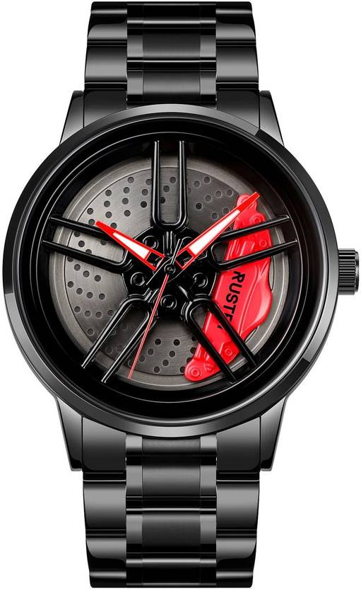 RUSTET 1990 men's analog watch, black dial styled as a five-spoke alloy car wheel with a red brake caliper, on a black steel bracelet