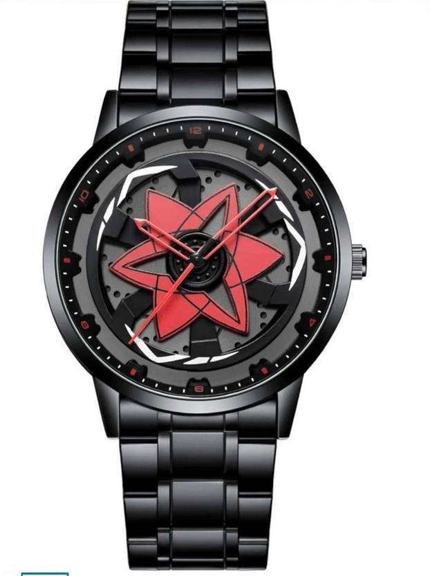 MIVAAN SRR men's watch, black case and bracelet with a red six-pointed star spinner set into a dark wheel dial